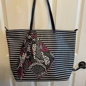 Vera Bradley Black and White Striped Tote with with imprinted Patterned Scarf